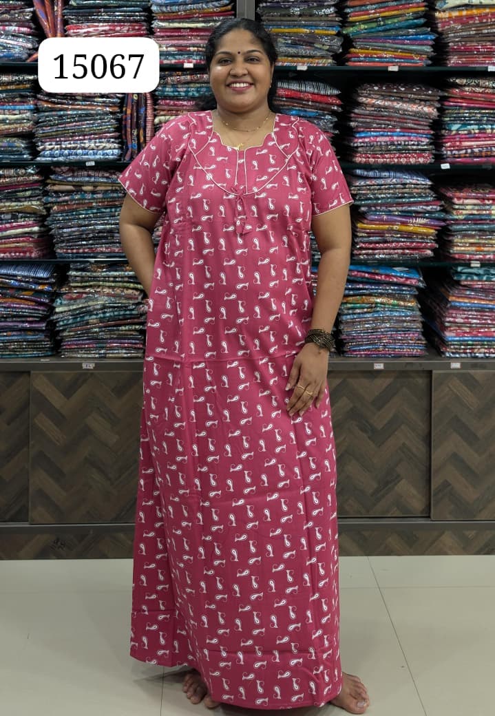 Pink Printed Cotton Nighty Without Zip