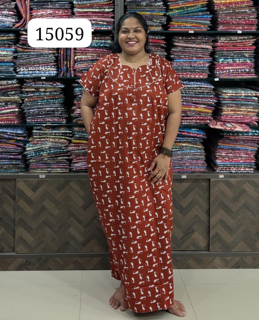 Brown Printed Cotton Nighty Without Zip